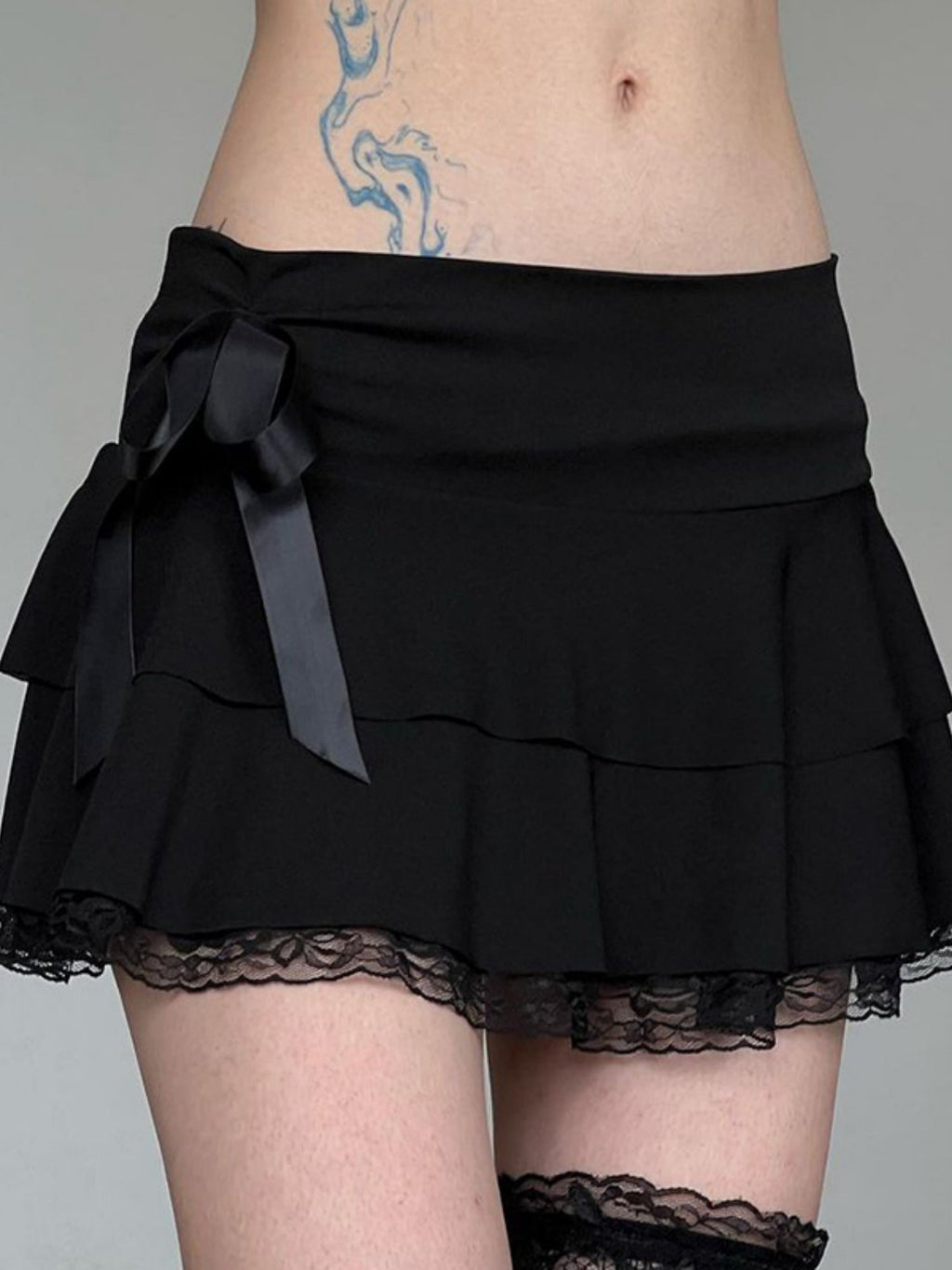 Lace Patchwork Bow Low-rise A-line Cake Skirt