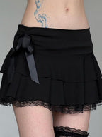 Lace Patchwork Bow Low-rise A-line Cake Skirt