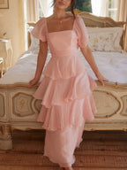 Square Collar Puff Sleeve Cake Skirt Vacation Parties Maxi Dresses