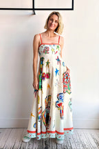 Spaghetti Strap Square Neck Botanical Fruit Print Scalloped Hem Midi Dress
