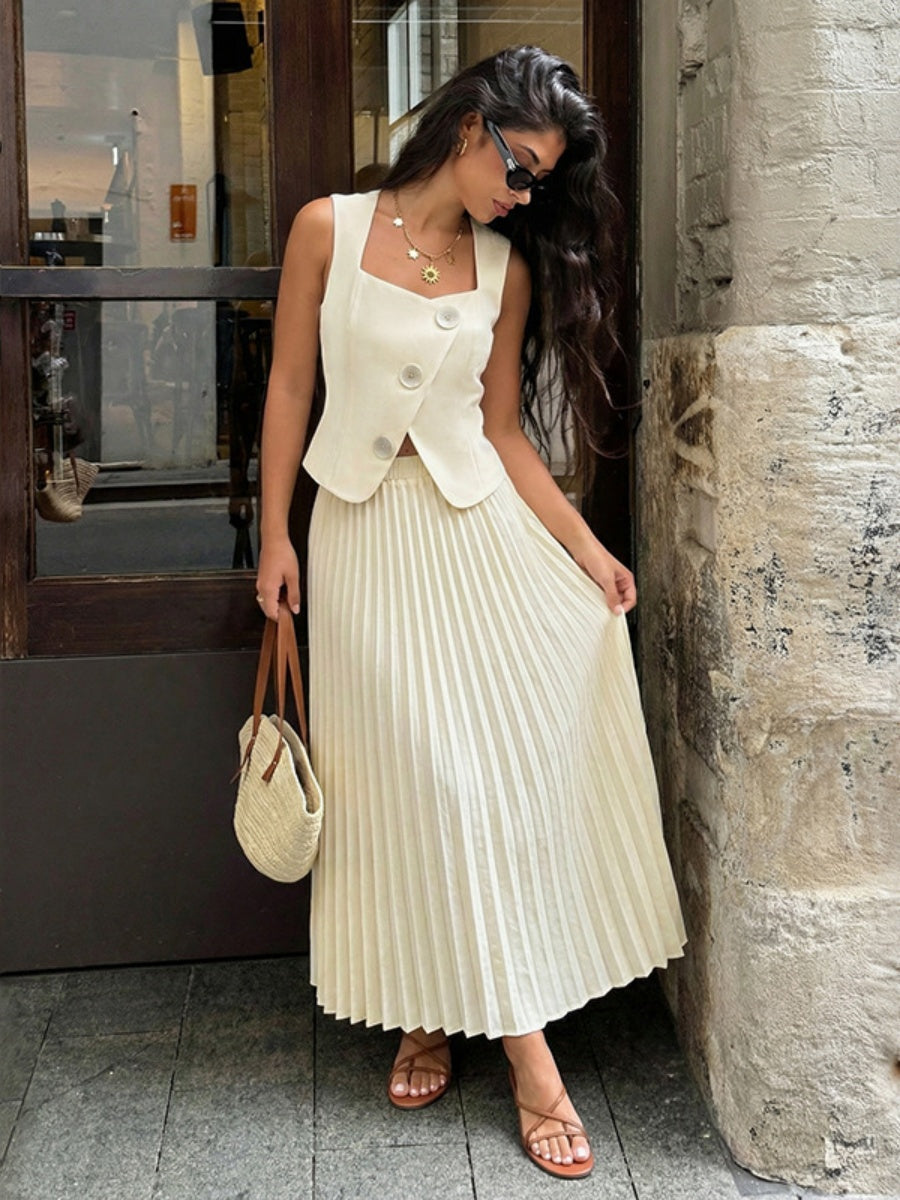 Pleated Long Skirt Square Neck Top Elegant Suit 2-piece Sets