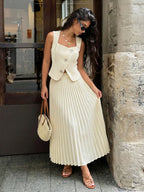 Pleated Long Skirt Square Neck Top Elegant Suit 2-piece Sets