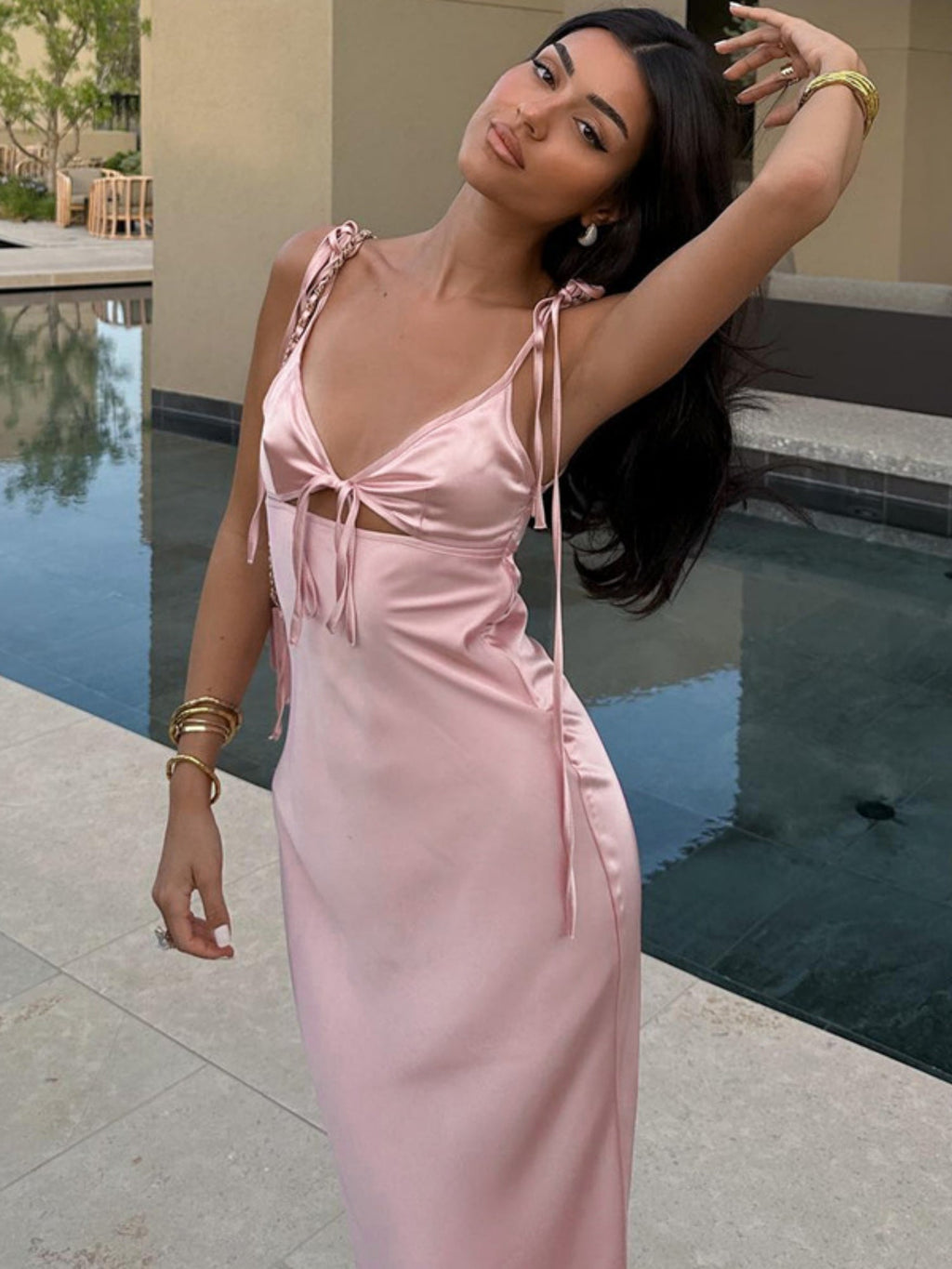 Satin Cross Straps Hollow Out V-neck Sleeveless Maxi Dresses