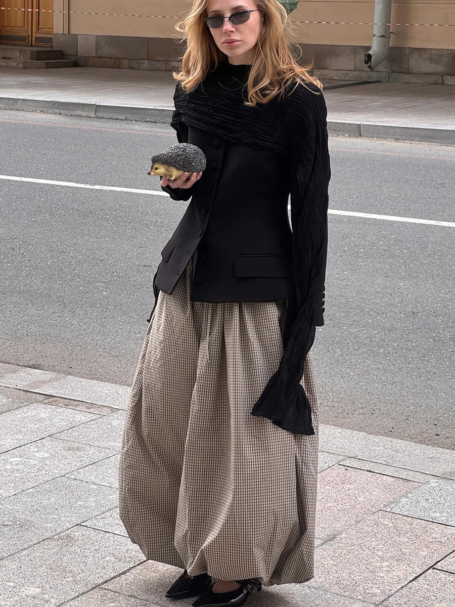 Cotton Blend Lantern Pants Plaid Breathable Leisure Pants