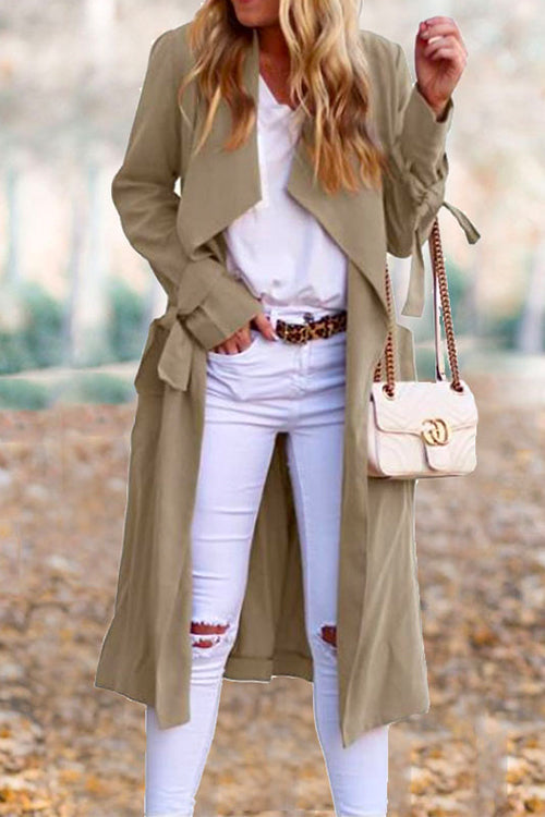 Drap Front Tie Waist Solid Fall Midi Cardigan