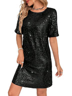 Sequins Crew Neck Short Sleeve Mini&Short Dresses
