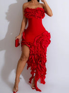 3D Flowers Valentine's Day Strapless Pleated Midi Dresses