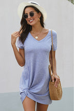 V-Neck Short Sleeve Side Knot Twist Hem T-Shirt Mini Dress