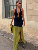 Hollow Out Color Matching Metal Decoration Bra Slit Maxi Dresses
