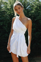 One Shoulder Pleated Bodice Tie Waist Wrap Skirt Gauze Mini Dress
