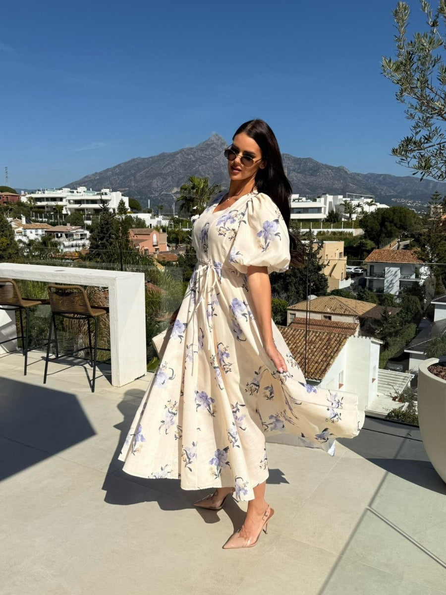 V-neck Puff Sleeve Printed Bandage Large Skirt Vacation And Leisure Maxi Dresses