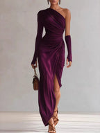 Asymmetrical Sloping Shoulders Long Sleeve Slit Grace Temperament Maxi Dresses