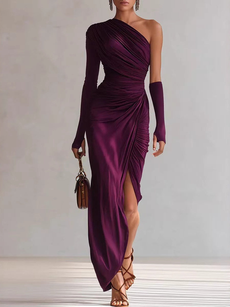 Asymmetrical Sloping Shoulders Long Sleeve Slit Grace Temperament Maxi Dresses