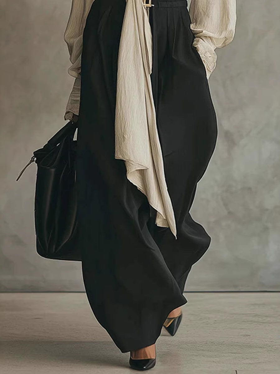 Women's Two-piece Set With A Blouse And Belt, Featuring A Flowing, Casual Style With Wide-leg Pants.