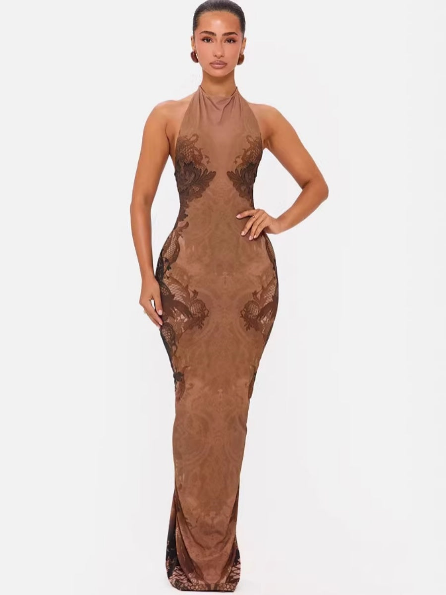 Halter French Backless Printed Formal Dress Maxi Dresses