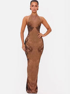 Halter French Backless Printed Formal Dress Maxi Dresses