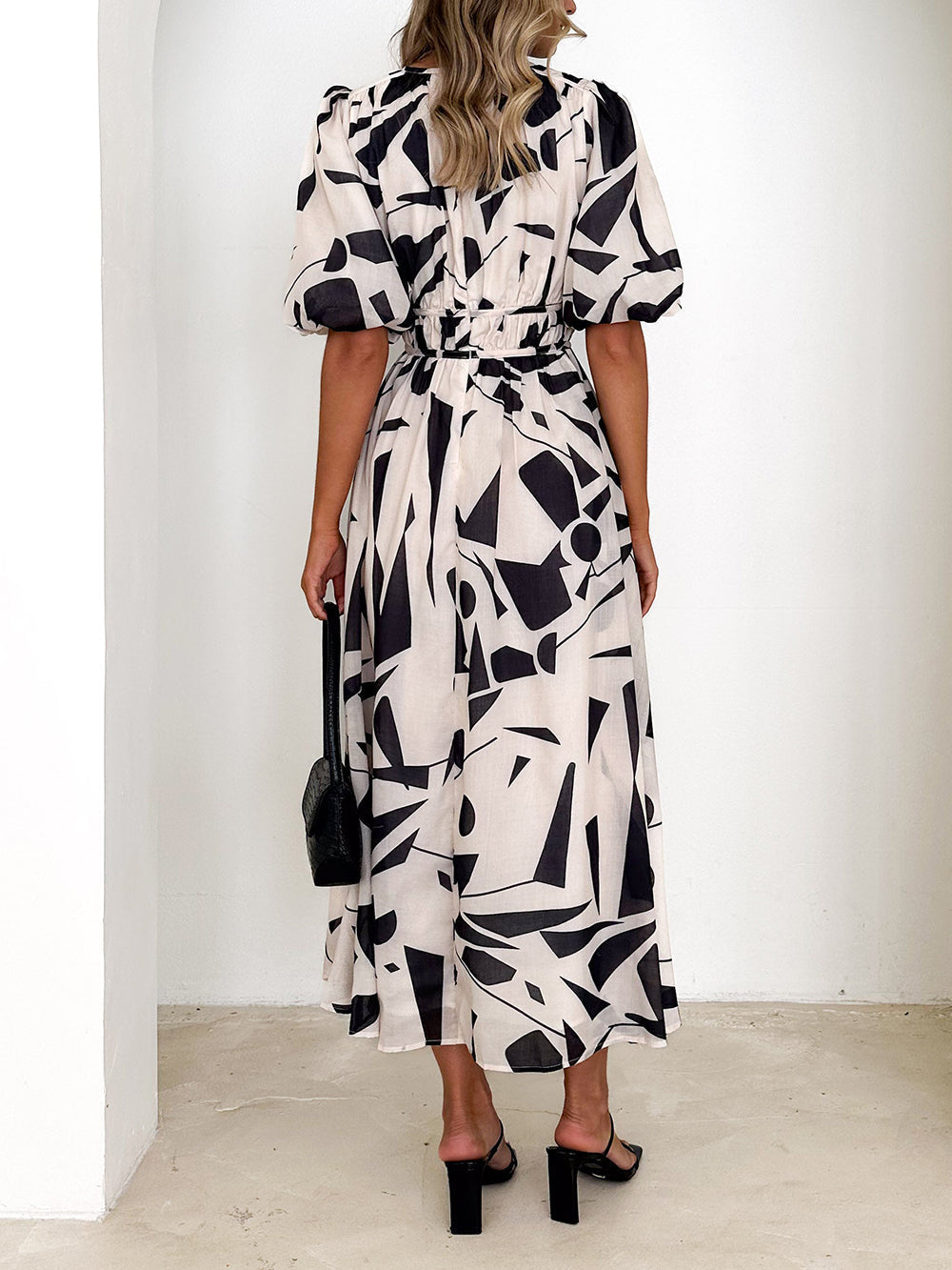 Deep V Neck Puff Sleeve Abstract Geo Print Wrap Midi Dress