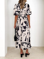 Deep V Neck Puff Sleeve Abstract Geo Print Wrap Midi Dress