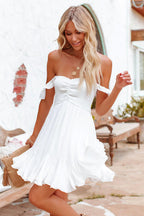Off Shoulder Smocked Ruffle Sleeve Flared Tiered Hem Mini Dress