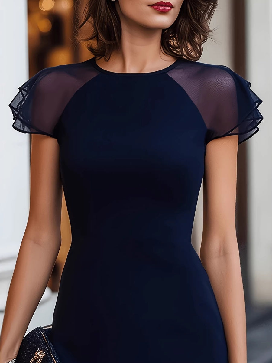 Mesh See-through Short-sleeved Patchwork Ruffle Temperament Commuting Reunion Mini&Short Dresses