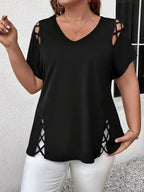 Hollow Out V-neck Cross Belt Short-sleeved T-shirt