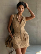 Work Clothes Sleeveless Zipper Pocket Waist Temperament Commuting Mini&Short Dresses