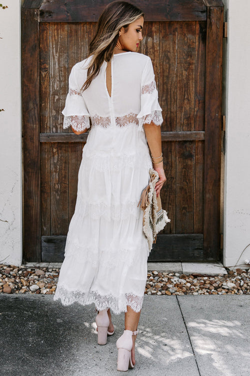 Deep V Neck Lace Trim Tiered Layered Ruffle Midi Dress