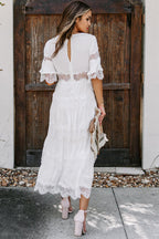 Deep V Neck Lace Trim Tiered Layered Ruffle Midi Dress