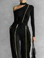 Black Double-zipper Trendy Off-shoulder Long-sleeved Top Two-piece Set