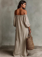 Striped Off-the-shoulder Linen Resort-style Long-sleeved Dress