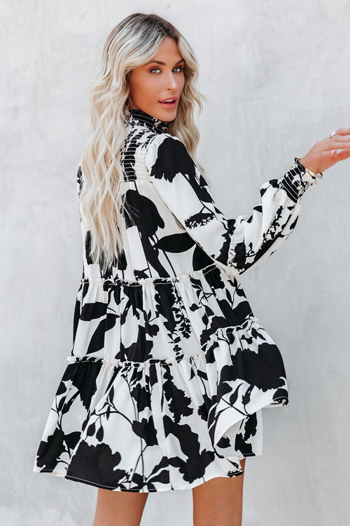 Smocked Mock Neck Balloon Sleeve Tiered Floral Print Mini Dress