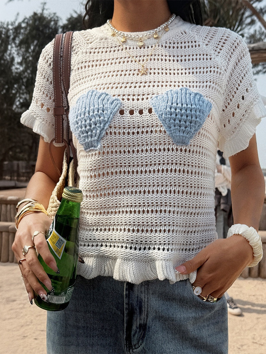 White Vacation-style Versatile Openwork Sexy Knit T-shirt