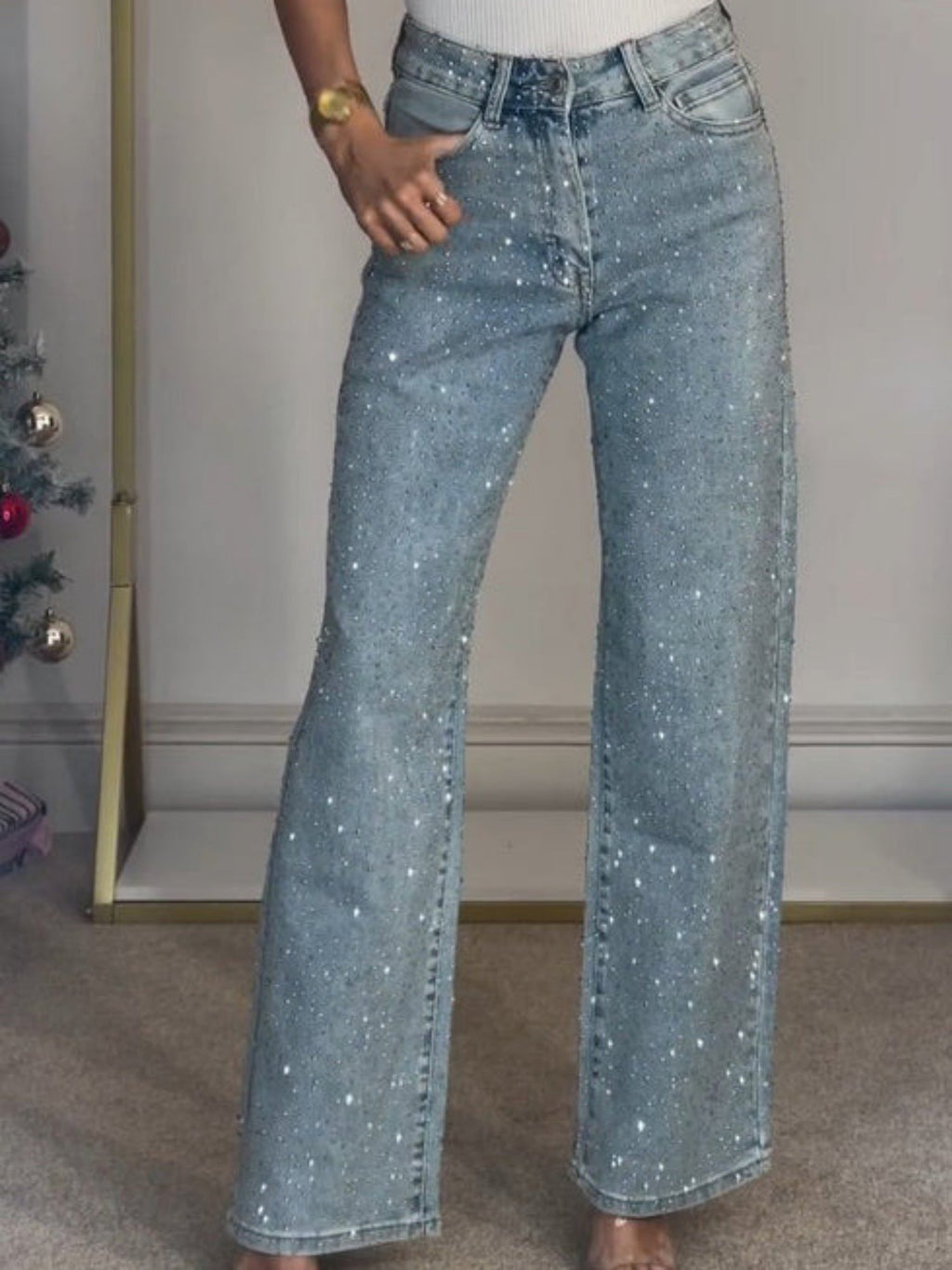 Y2k Rhinestone-studded High-waisted Straight Leg Jeans