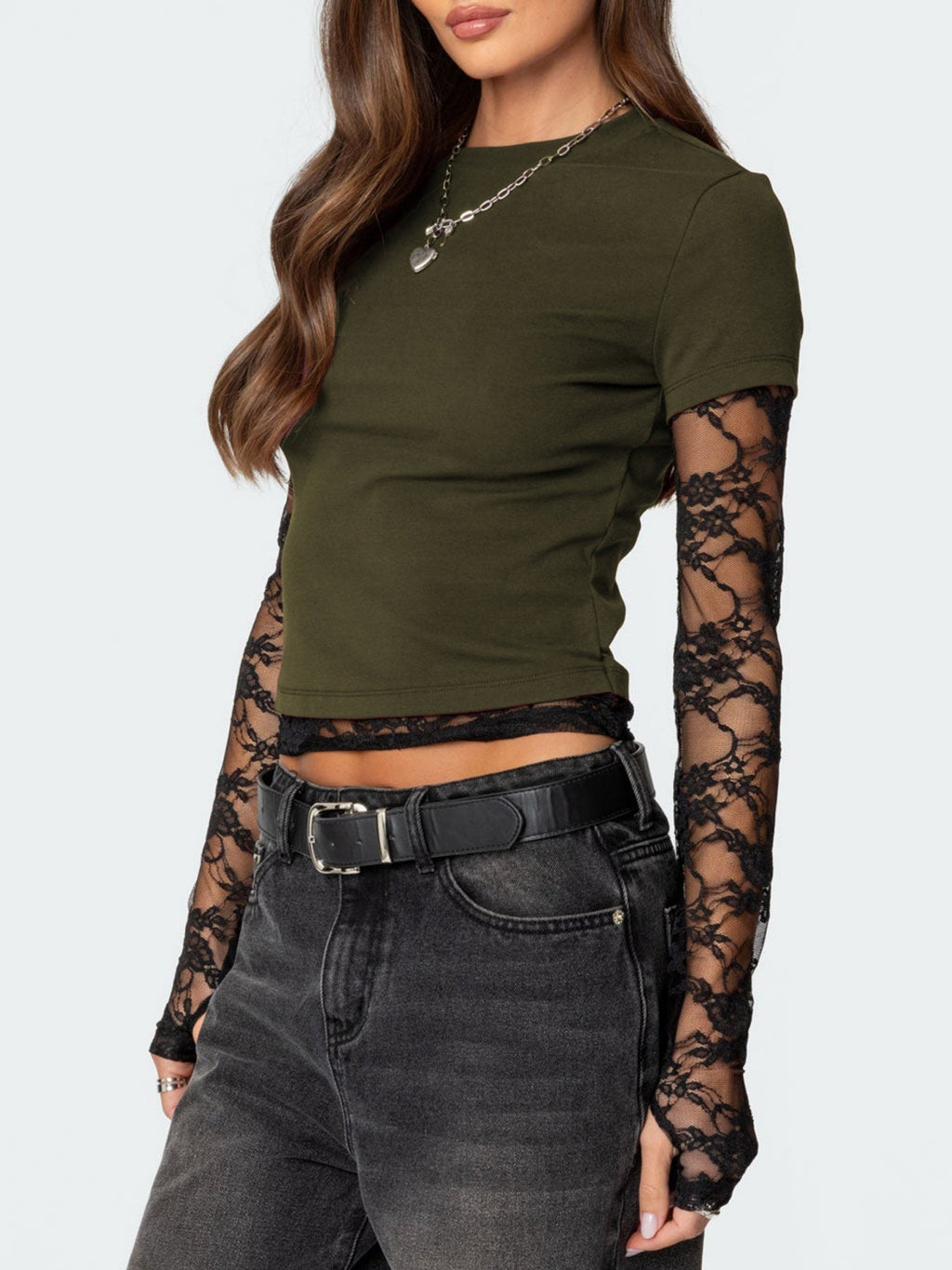 Lace Patchwork Layered-look Long-sleeved Crew Neck T-shirts