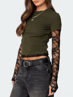 Lace Patchwork Layered-look Long-sleeved Crew Neck T-shirts