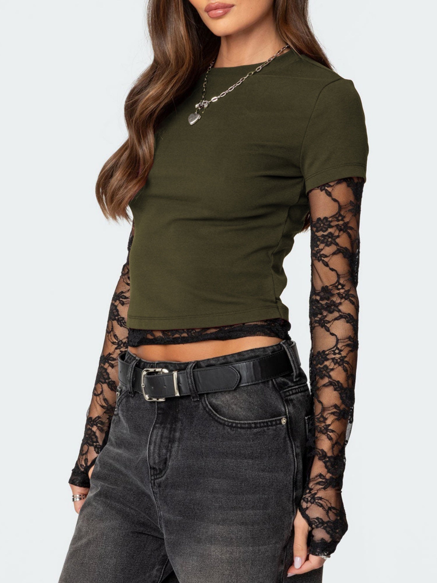 Lace Patchwork Layered-look Long-sleeved Crew Neck T-shirts