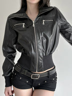 PU Leather Lapel Pocket Patchwork Slim Fit Jackets