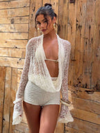 Lace Cutout Long-sleeved Cover-up Halter Neck Strap Slim-fit Shorts 3-piece Sets