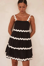 Square Neck Scalloped Ric Rac Trim Tiered Babydoll Mini Dress