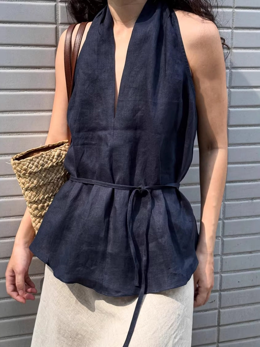 Cotton Blend Halter Navy Blue Lace Up Comfort Temperament Commuting Tank Tops
