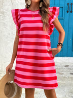 Stripes Color Matching Crew Neck Pocket Midi Dress With Flutter Sleeves