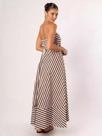 Striped Backless Halter Top Sexy Full Skirt High-waisted Long Dress