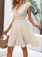Apricot V-neck Hollow Lace Trim Mini&Short Dresses