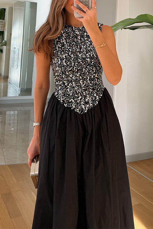 Crewneck Sleeveless Glitter Sequin Splice Maxi Dress
