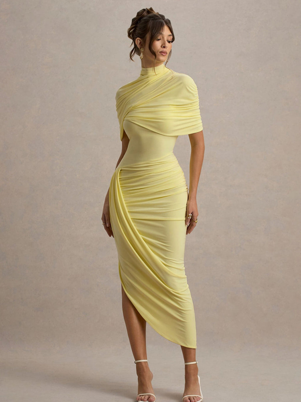 Pleated Mock Neck Shawl Exposed Backpack Buttocks Maxi Dresses
