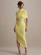 Pleated Mock Neck Shawl Exposed Backpack Buttocks Maxi Dresses