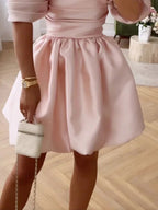 Off Shoulder Ruched Tiered Puff Sleeve Bubble Hem Satin Mini Dress