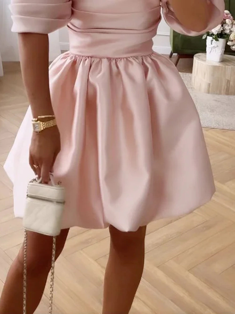 Off Shoulder Ruched Tiered Puff Sleeve Bubble Hem Satin Mini Dress
