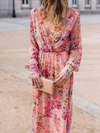 V-neck, Tie-waist, Floral Print, Fitted Waist, Full Skirt Long Dress