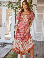 Printed Color-blocked Square Neck Short Sleeve Maxi Dresses